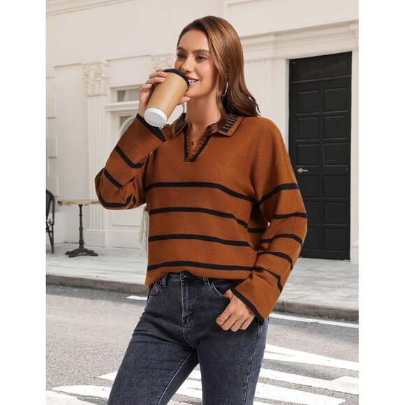 Women’s  Caramel Fall Polo Sweater Striped V Neck Long Sleeve Pullover - Picture 3 of 6
